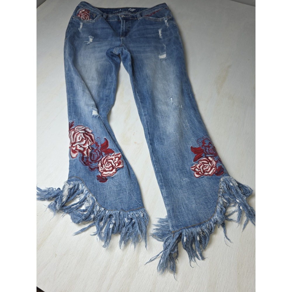 INC Pant Women 10 Blue Denim Jeans Skinny Leg Red Rose Embroidered Distressed